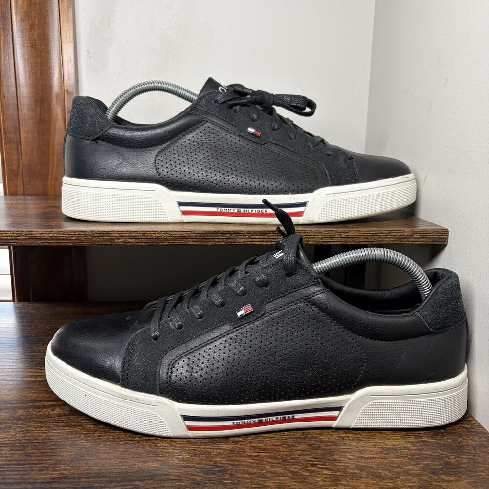 Size 11 Mens - Tommy Hilfiger Black Leather Low Top Sneakers Shoes Italy
